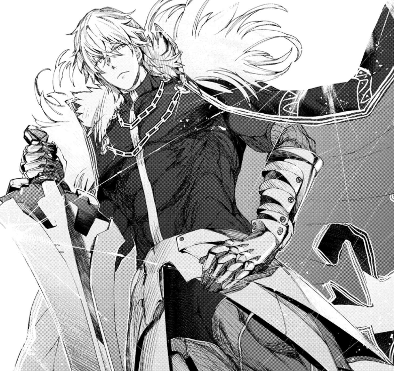 1boy abs armor bangs biceps cape chest excalibur_galatine fate/extra fate_(series) fur_trim gawain_(fate/extra) gawain_(fate/grand_order) greyscale hand_on_hip jewelry looking_at_viewer male_focus manly monochrome muscle official_art pectorals solo standing sword thick_thighs thighs toned toned_male weapon