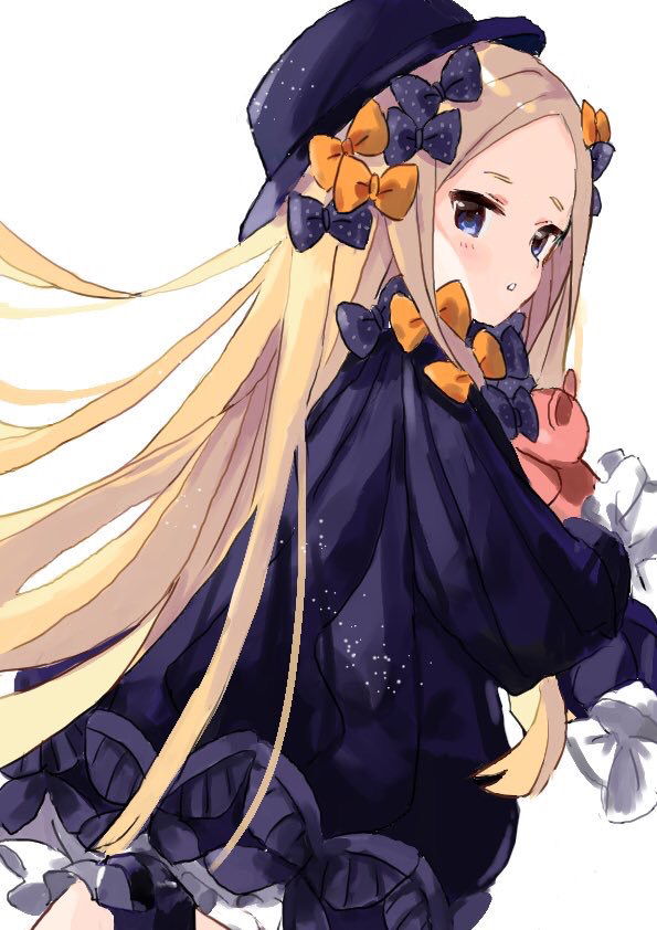 1girl abigail_williams_(fate/grand_order) bangs black_bow black_dress black_headwear blonde_hair bloomers blue_eyes bow bug butterfly commentary_request dress fate/grand_order fate_(series) forehead hair_bow hat insect long_hair long_sleeves namiharuru object_hug orange_bow parted_bangs polka_dot polka_dot_bow simple_background sleeves_past_fingers sleeves_past_wrists solo stuffed_animal stuffed_toy teddy_bear underwear very_long_hair white_background white_bloomers