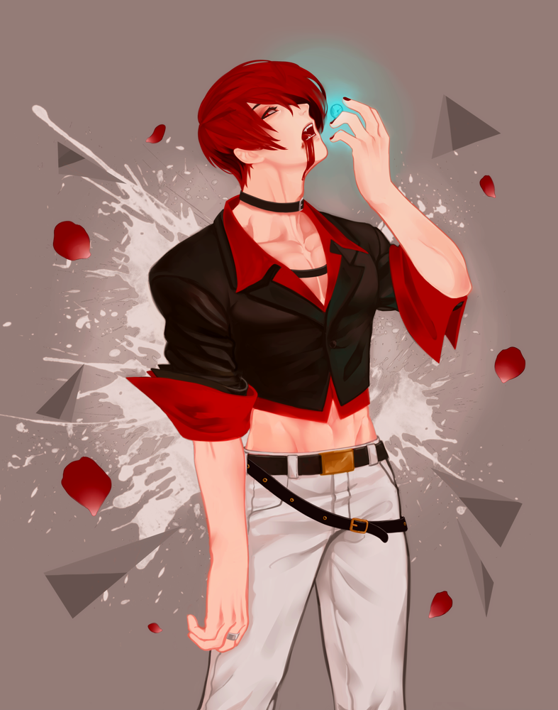 1boy blood blood_in_mouth choker hair_over_one_eye head_tilt juu_satoshi looking_to_the_side male_focus midriff nail_polish pants petals red_eyes redhead solo the_king_of_fighters white_pants wing_collar yagami_iori