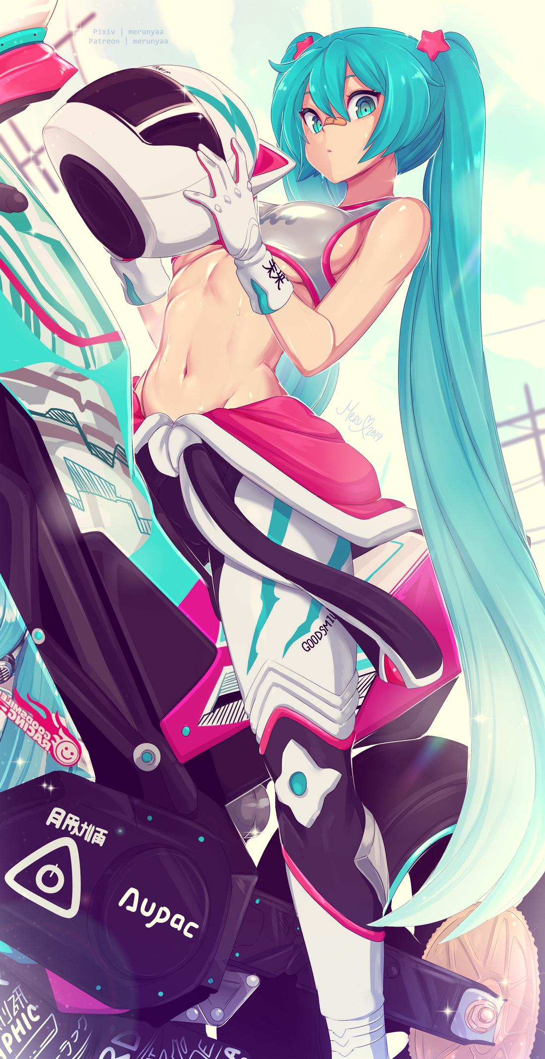 1girl aqua_eyes aqua_hair bandaid bandaid_on_nose breasts gloves groin ground_vehicle hair_between_eyes hair_ornament hatsune_miku headwear_removed helmet helmet_removed highres long_hair looking_at_viewer merunyaa motor_vehicle motorcycle navel open_clothes solo sports_bra sweat twintails very_long_hair vocaloid white_gloves