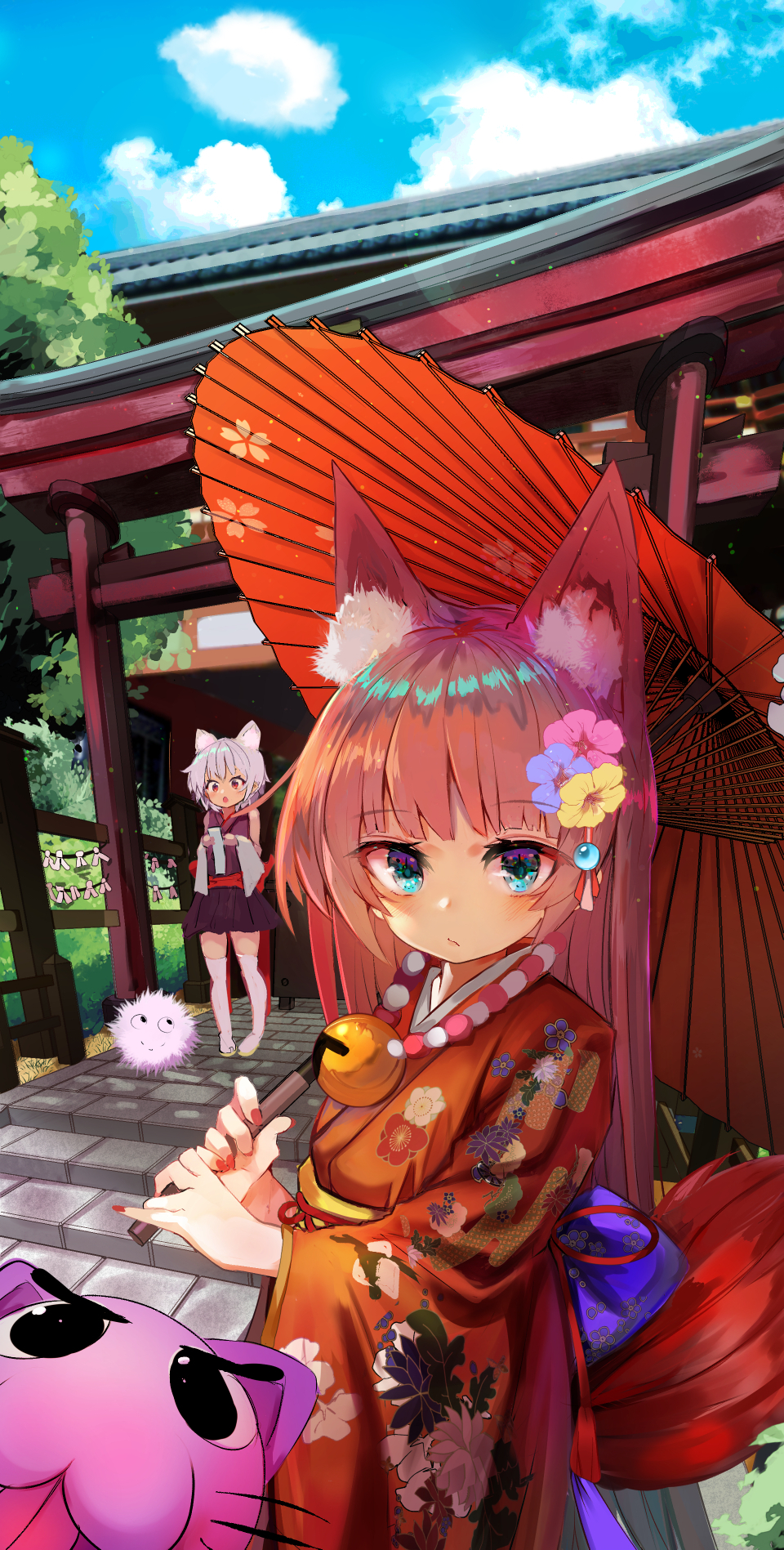 2girls animal_ears bare_shoulders bell black_kimono black_skirt blue_bow blue_eyes blush bow brown_kimono closed_mouth commentary_request creature detached_sleeves floral_print fox_ears fox_girl fox_tail highres holding holding_umbrella japanese_clothes jingle_bell kimono long_sleeves looking_at_viewer marisayaka multiple_girls oriental_umbrella original pigeon-toed pleated_skirt print_kimono red_eyes red_umbrella silver_hair skirt sleeveless sleeveless_kimono standing tail thigh-highs umbrella white_legwear white_sleeves wide_sleeves