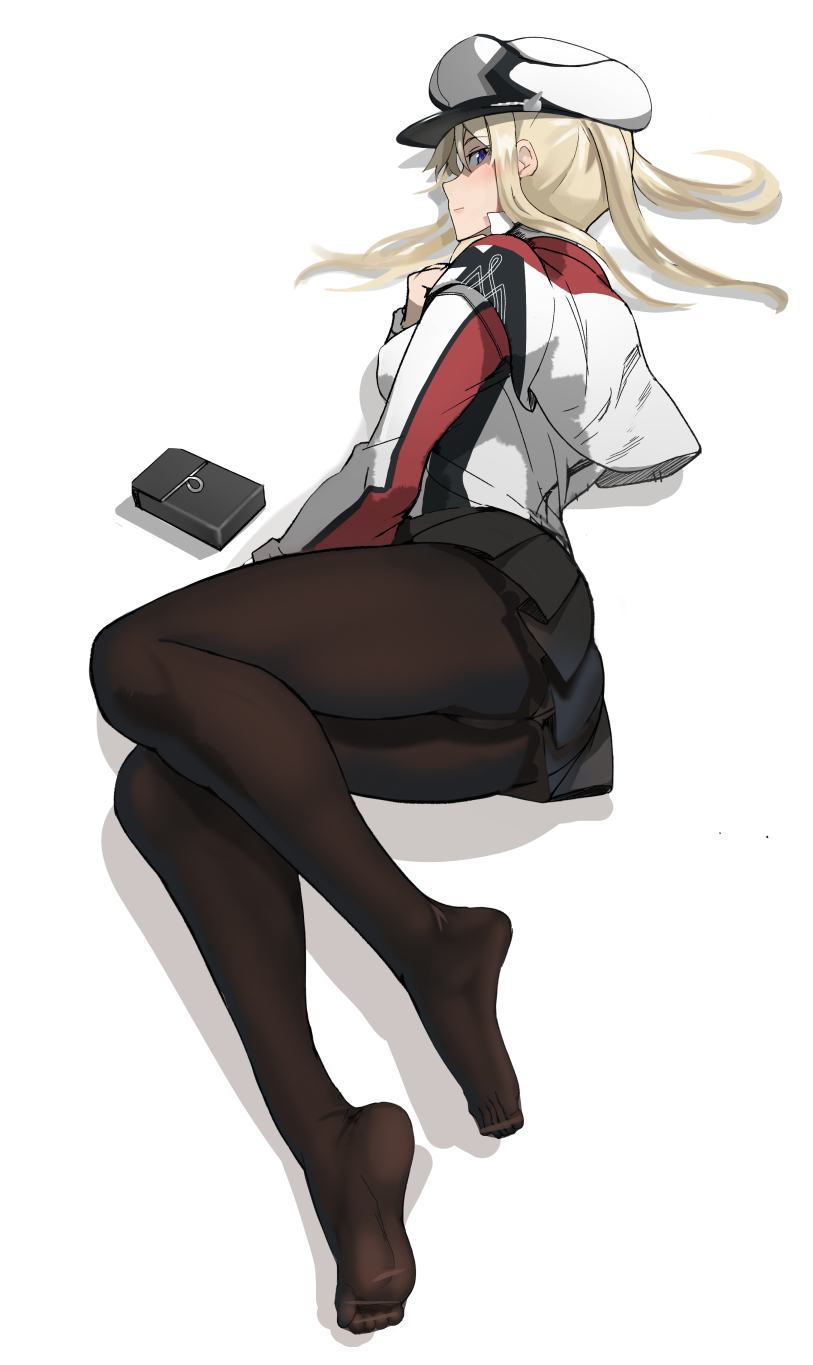 1girl ayakumo black_legwear black_skirt blonde_hair blue_eyes breasts capelet celtic_knot graf_zeppelin_(kantai_collection) highres jacket kantai_collection large_breasts long_sleeves lying military military_uniform miniskirt on_side pantyhose sidelocks simple_background skirt solo twintails uniform white_background white_capelet white_jacket