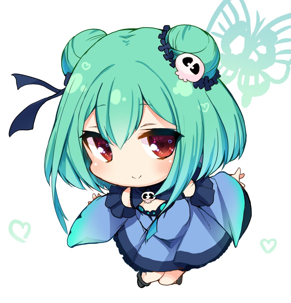 1girl animal_print bangs black_footwear blue_dress blue_ribbon blue_sleeves blush bow butterfly_print chibi cleavage_cutout closed_mouth double_bun dress eyebrows_visible_through_hair green_hair hair_between_eyes hair_bow hair_ornament hair_ribbon heart hololive long_sleeves looking_at_viewer nejime red_eyes ribbon skull_collar skull_hair_ornament smile solo uruha_rushia virtual_youtuber white_background wide_sleeves