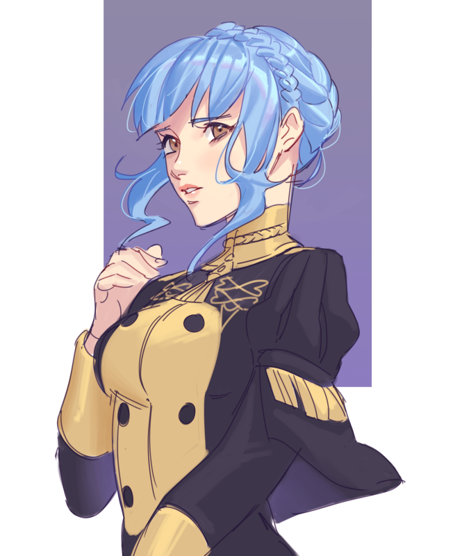 1girl blue_eyes blue_hair blush braid brown_eyes crown_braid epaulettes fire_emblem fire_emblem:_three_houses garreg_mach_monastery_uniform long_hair long_sleeves marianne_von_edmund mella open_mouth simple_background solo uniform upper_body