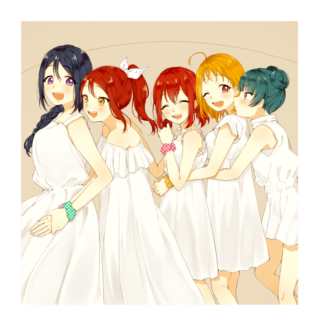 5girls :d ;d ^_^ ahoge alternate_hairstyle azuma_(no488888) bangs blue_hair blush braid brown_background closed_eyes double_bun dress from_side green_scrunchie hair_over_shoulder hair_ribbon holding_hands hug hug_from_behind kurosawa_ruby long_dress long_hair looking_at_another love_live! love_live!_sunshine!! matsuura_kanan multiple_girls one_eye_closed open_mouth orange_hair pink_scrunchie polka_dot polka_dot_scrunchie ponytail red_eyes redhead ribbon sakurauchi_riko scrunchie short_dress short_hair sidelocks single_braid smile sundress takami_chika tsushima_yoshiko twintails violet_eyes white_dress white_ribbon wrist_scrunchie yellow_eyes yellow_scrunchie