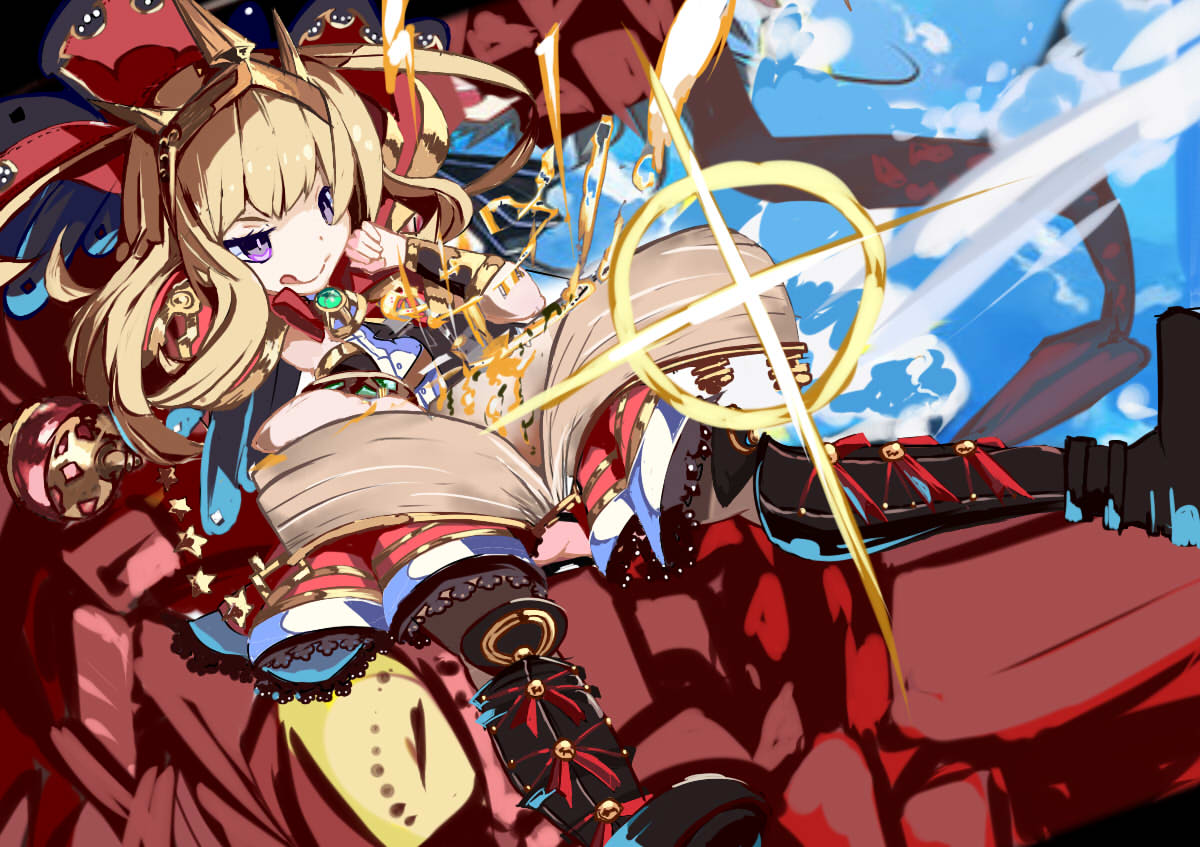 :q black_footwear blonde_hair blue_background book boots bracer cagliostro_(granblue_fantasy) commentary_request diffraction_spikes dragon granblue_fantasy jewelry long_hair magic miyakawa106 ouroboros_(granblue_fantasy) red_skirt shirt skirt star tiara tongue tongue_out violet_eyes