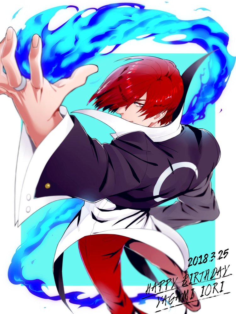 1boy blue_fire character_name choker crescent_print dated evil_grin evil_smile fire from_behind grin hair_over_one_eye happy_birthday jewelry juu_satoshi male_focus pyrokinesis red_eyes redhead ring smile solo the_king_of_fighters unbuttoned_sleeves wing_collar yagami_iori