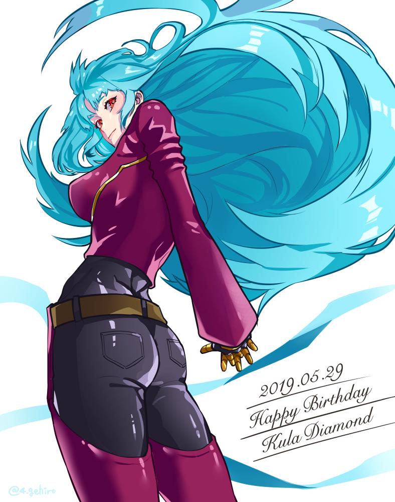 1girl ass belt big_hair blue_hair chaps character_name from_behind gloves happy_birthday hime_cut juu_satoshi kula_diamond long_hair looking_back red_eyes solo the_king_of_fighters