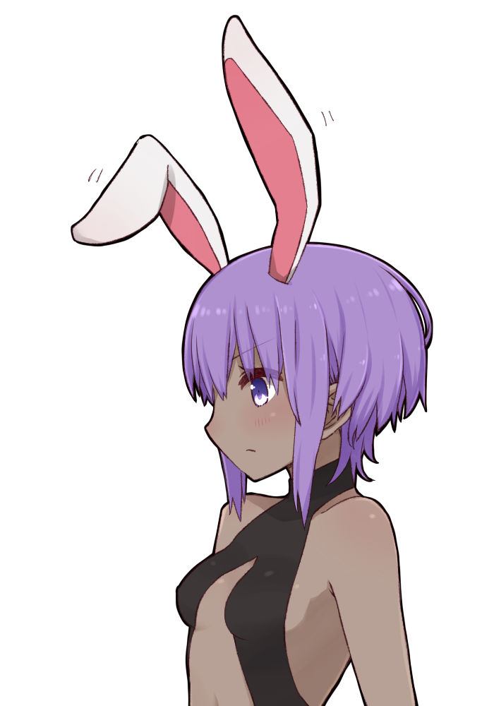 1girl animal_ears bare_shoulders black_leotard blush breasts closed_mouth dark_skin fate/prototype fate/prototype:_fragments_of_blue_and_silver fate_(series) hassan_of_serenity_(fate) i.u.y kemonomimi_mode leotard looking_away purple_hair rabbit_ears simple_background small_breasts solo upper_body violet_eyes white_background