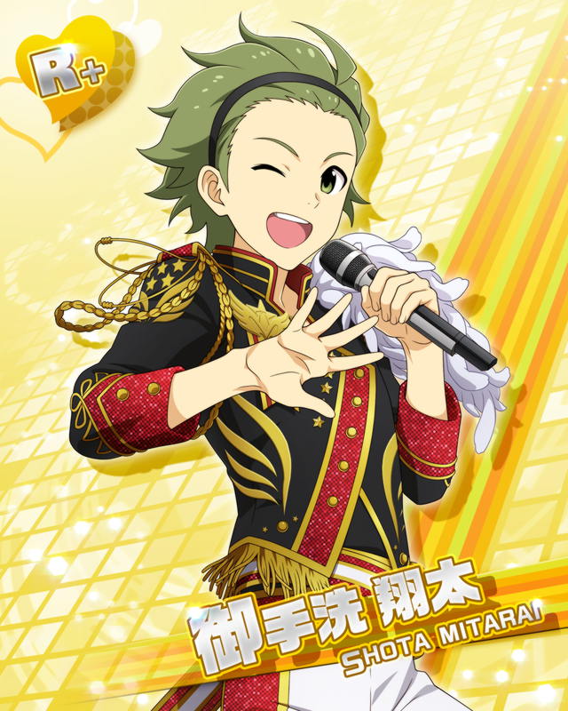 character_name dress green_eyes green_hair idolmaster idolmaster_side-m microphone mitarai_shouta short_hair smile wink