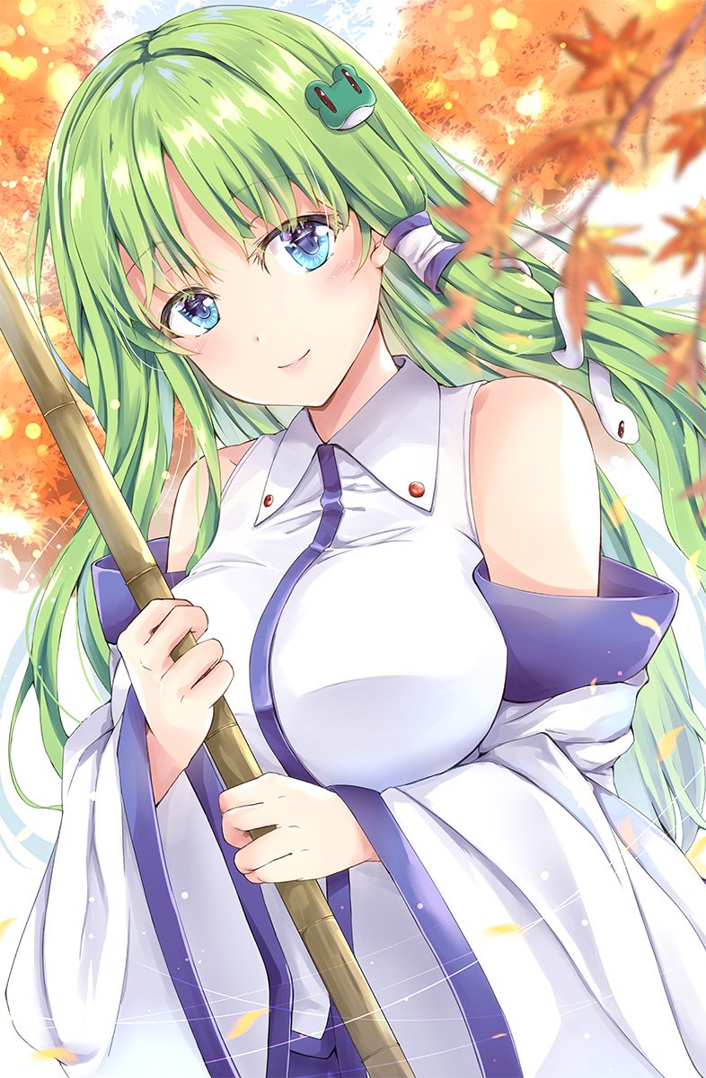 1girl autumn bangs bare_shoulders blue_eyes blurry blurry_foreground blush breasts broom closed_mouth collared_shirt commentary_request day depth_of_field detached_sleeves dutch_angle eyebrows_visible_through_hair frog_hair_ornament fule green_hair hair_ornament hair_tubes highres holding holding_broom kochiya_sanae large_breasts leaf long_hair long_sleeves looking_at_viewer outdoors shirt smile snake_hair_ornament solo tareme touhou upper_body white_shirt