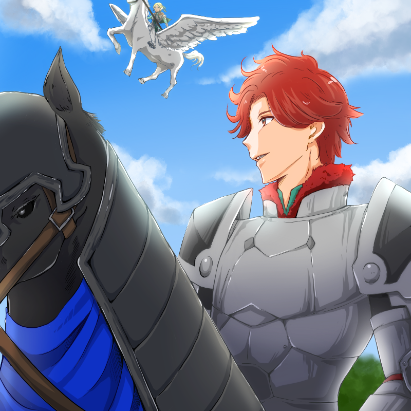 1boy 1girl ajapa0621 armor blonde_hair boots clouds feathered_wings fire_emblem fire_emblem:_three_houses fur_trim horse horseback_riding ingrid_brandol_galatea open_mouth pegasus pegasus_knight red_eyes redhead riding sky sylvain_jose_gautier teeth wings