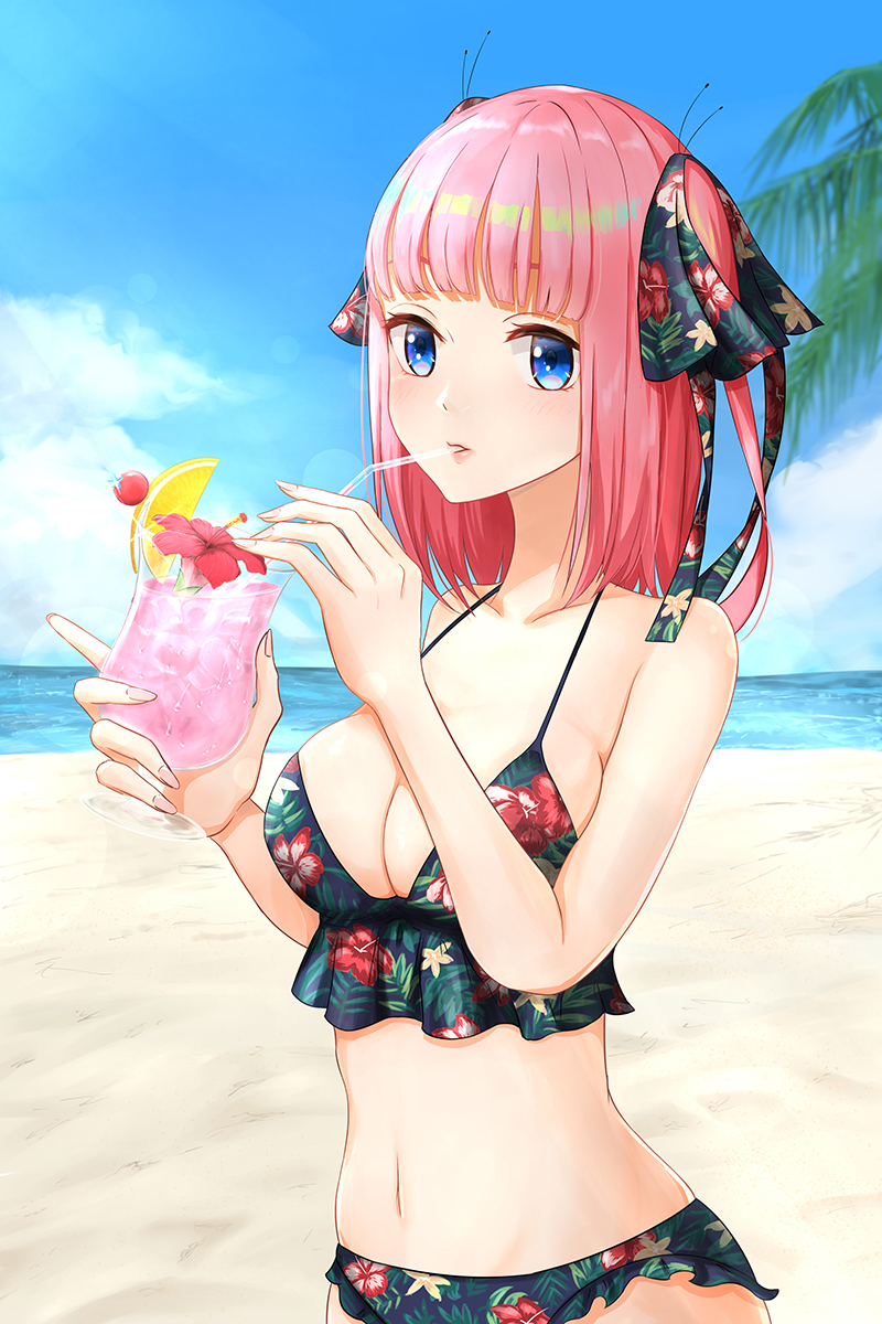 1girl bangs beach bikini black_bikini blue_eyes blunt_bangs blush breasts commentary_request cup day drinking_glass drinking_straw eyebrows_visible_through_hair floral_print glass go-toubun_no_hanayome hair_ornament hair_ribbon highres large_breasts large_hands long_hair looking_at_viewer nakano_nino ocean outdoors pink_hair ribbon solo swimsuit toffee_paint