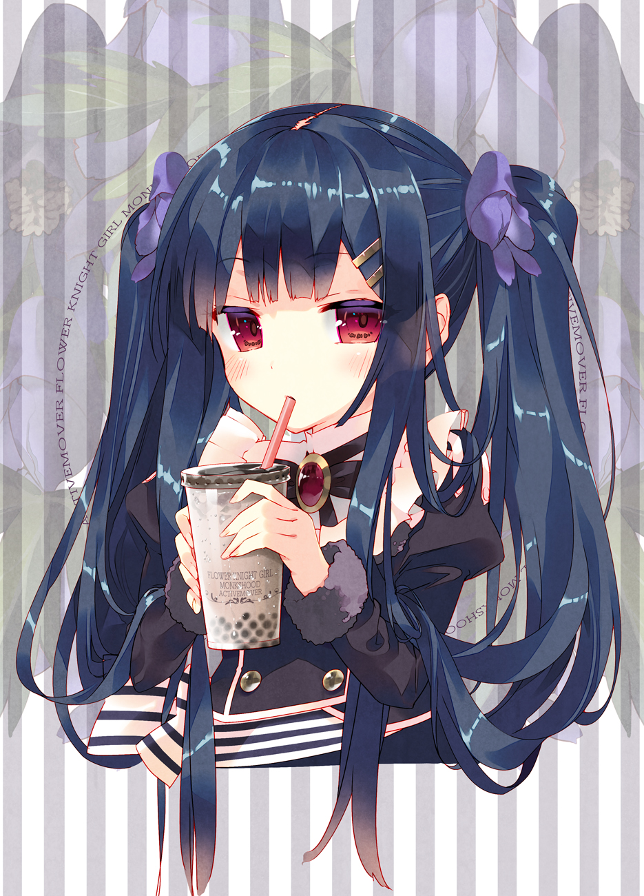 1girl arikawa_satoru black_hair blush bow bubble_tea copyright_name cup drinking flower_knight_girl hair_bow hair_ornament hairclip highres holding holding_cup long_hair looking_at_viewer purple_bow red_eyes solo striped striped_background torikabuto_(flower_knight_girl) twintails upper_body