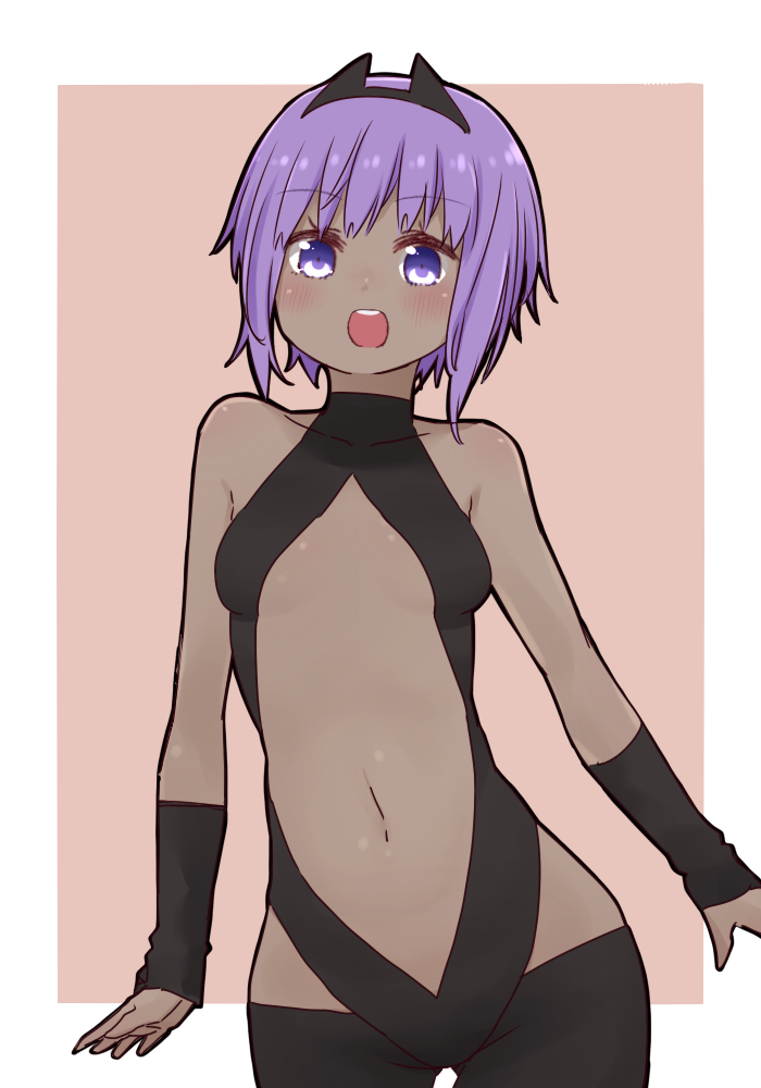 1girl :d bangs black_leotard black_sleeves blush breasts brown_background center_opening collarbone covered_collarbone dark_skin detached_sleeves eyebrows_visible_through_hair fate/prototype fate/prototype:_fragments_of_blue_and_silver fate_(series) hassan_of_serenity_(fate) i.u.y leotard long_sleeves navel open_mouth purple_hair round_teeth short_hair sleeves_past_wrists small_breasts smile solo teeth two-tone_background upper_teeth violet_eyes white_background