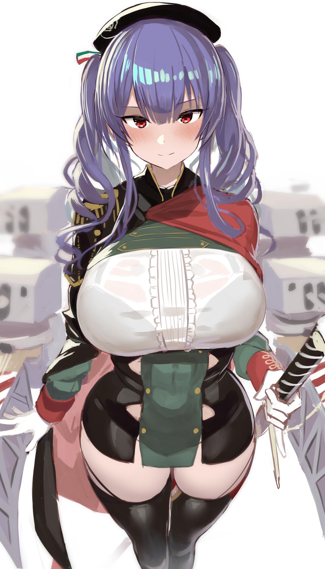 azur_lane beret black_footwear blue_hair boots bra_through_clothes breasts cape dress gloves greatmosu hat highres large_breasts long_hair looking_at_viewer pola_(azur_lane) red_eyes skindentation smile sword taut_clothes taut_dress thigh-highs thigh_boots twintails weapon white_gloves