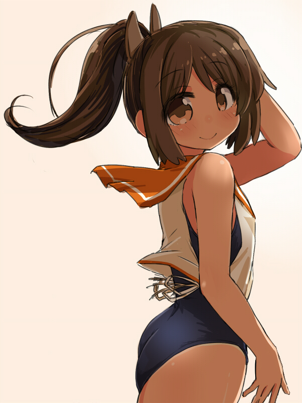 1girl ass blue_swimsuit brown_eyes brown_hair commentary_request cowboy_shot hair_ornament hairclip i-401_(kantai_collection) kantai_collection long_hair looking_at_viewer naitou_kouse one-piece_tan orange_sailor_collar ponytail sailor_collar school_swimsuit shirt short_ponytail simple_background sleeveless sleeveless_shirt smile solo swimsuit swimsuit_under_clothes tan tanline white_background