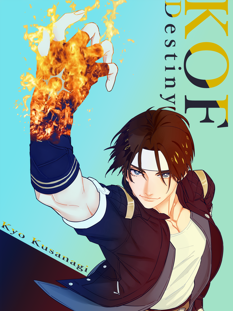 1boy arm_up bangs blue_eyes brown_hair character_name fingerless_gloves fire from_above gakuran gloves headband juu_satoshi kusanagi_kyou male_focus parted_bangs parted_hair pyrokinesis school_uniform smile solo the_king_of_fighters upper_body