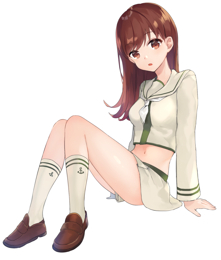 1girl anchor anchor_symbol bangs blush breasts brown_eyes brown_footwear brown_hair eyebrows_visible_through_hair full_body kantai_collection long_hair long_sleeves medium_breasts midriff mitamgr navel ooi_(kantai_collection) open_mouth remodel_(kantai_collection) sailor_collar school_uniform serafuku simple_background sitting skirt socks solo white_background white_neckwear