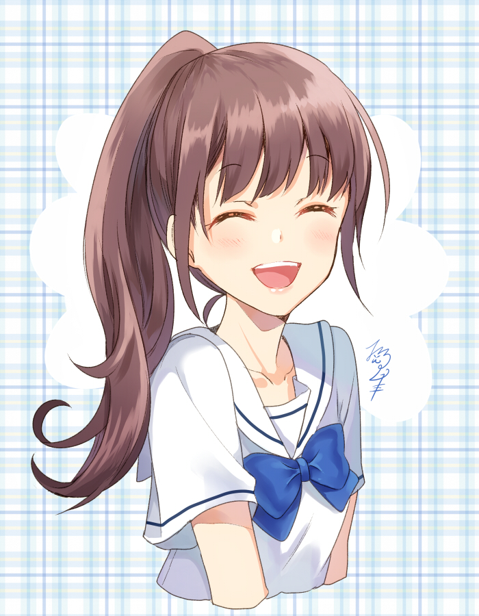 1girl :d ^_^ bangs blue_neckwear blush bow bowtie brown_hair closed_eyes cropped_torso facing_viewer long_hair nekozuki_yuki open_mouth original plaid plaid_background ponytail school_uniform serafuku short_sleeves sidelocks signature smile solo upper_body