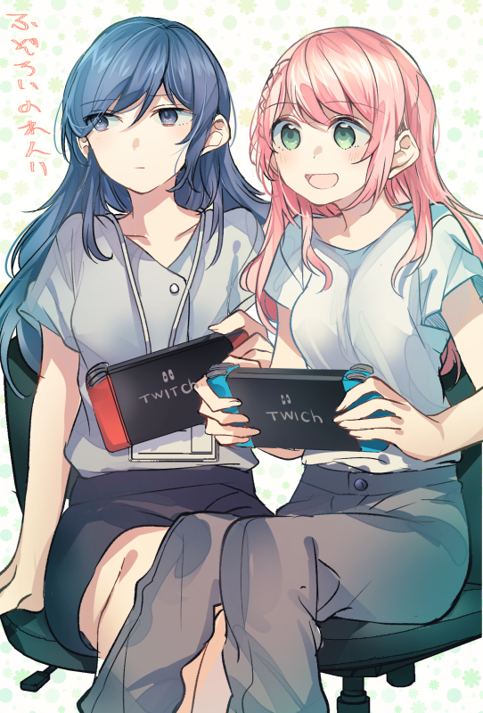 2girls :d :| bangs black_skirt blue_eyes blue_hair braid brand_name_imitation closed_mouth green_eyes grey_pants grey_shirt handheld_game_console holding_handheld_game_console lanyard long_hair mikan-uji multiple_girls nintendo nintendo_switch open_mouth original original_character pants parody pencil_skirt pink_hair shirt short_sleeves sitting skirt smile swivel_chair twich white_shirt