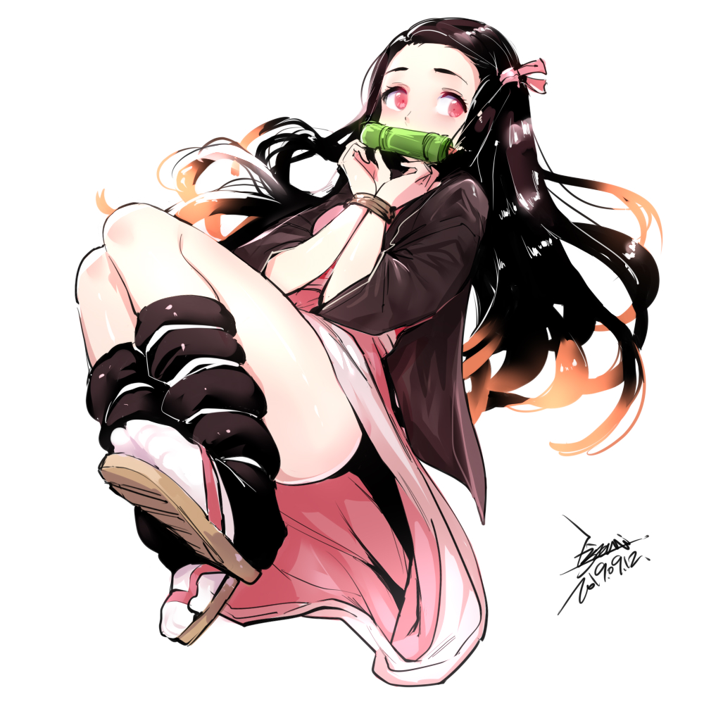 1girl bamboo bit_gag black_hair black_legwear bound bound_wrists checkered_obi dated ejami forehead gag gradient_hair hair_ribbon japanese_clothes kamado_nezuko kimetsu_no_yaiba kimono long_hair multicolored_hair orange_hair pink_eyes ribbon sandals signature simple_background solo thighs two-tone_hair white_background