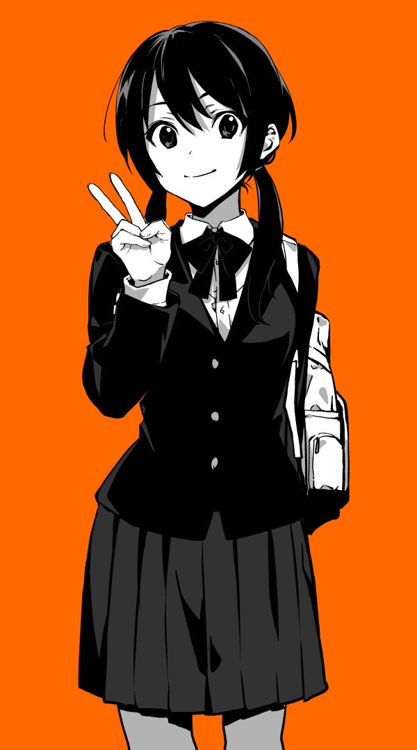 1girl arisaka_ako arm_behind_back backpack bag bangs black_hair blazer bow buttons closed_mouth collared_shirt cowboy_shot greyscale hair_between_eyes hand_up jacket long_sleeves looking_at_viewer low_twintails monochrome orange_background pleated_skirt school_uniform shirt short_hair sidelocks simple_background skirt smile solo standing twintails v white_shirt