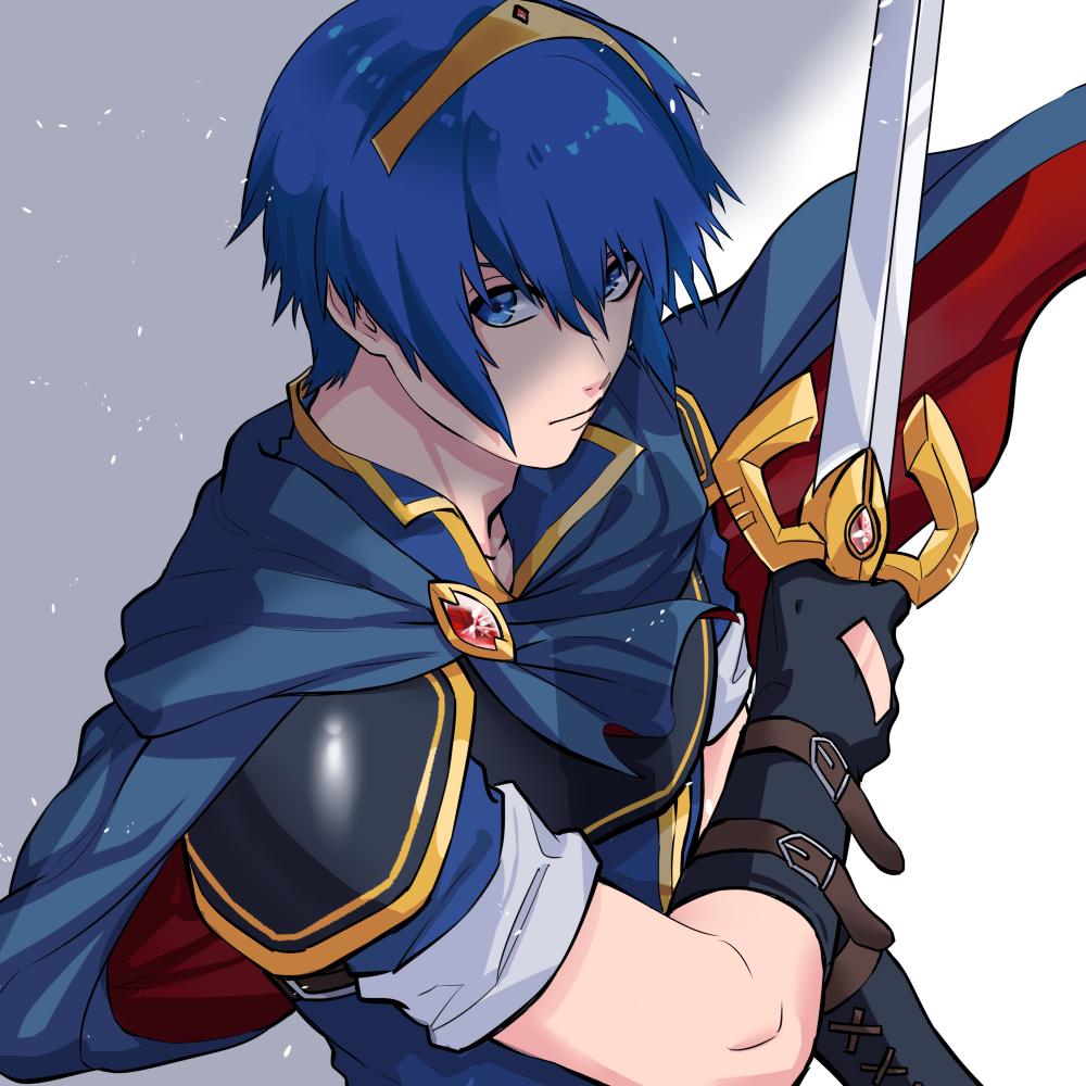 1boy armor blue_eyes blue_hair cape falchion_(fire_emblem) fingerless_gloves fire_emblem fire_emblem:_mystery_of_the_emblem fire_emblem:_mystery_of_the_emblem fire_emblem:_shadow_dragon fire_emblem:_shin_ankoku_ryuu_to_hikari_no_tsurugi from_above gloves intelligent_systems juu_satoshi looking_up male_focus marth marth_(fire_emblem) nintendo sidelocks solo super_smash_bros. tiara