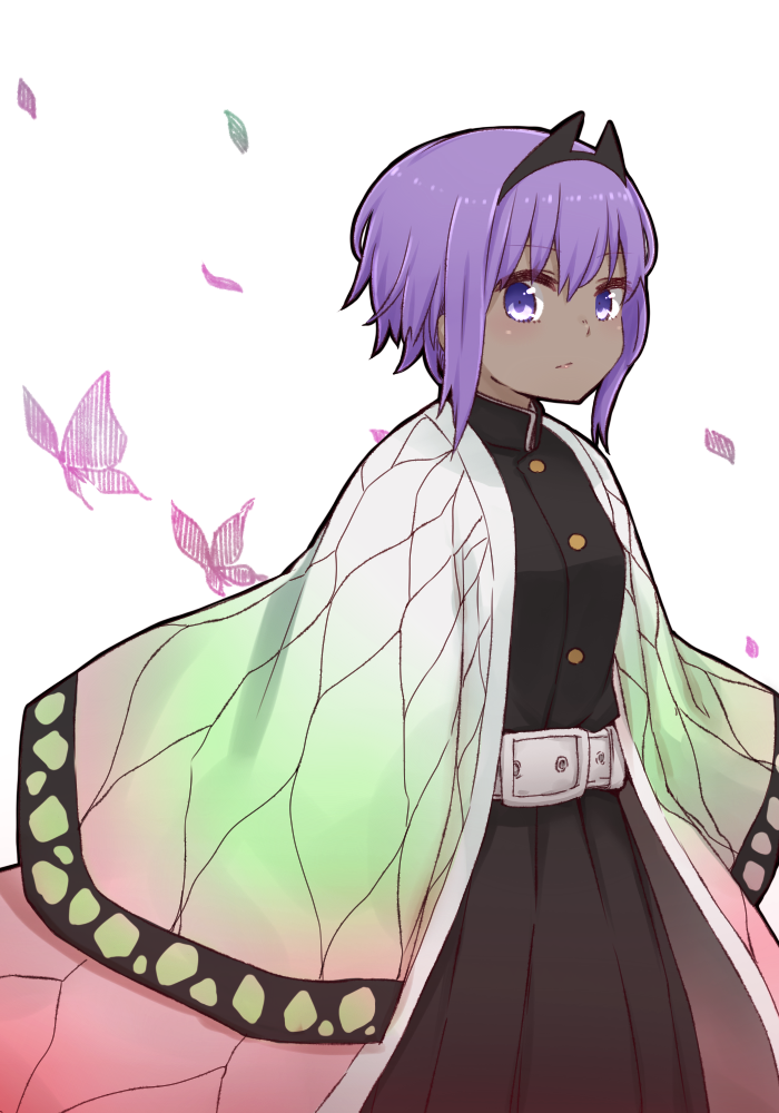 1girl animal bangs belt belt_buckle black_jacket black_skirt breasts buckle bug butterfly closed_mouth cosplay dark_skin eyebrows_visible_through_hair fate/prototype fate/prototype:_fragments_of_blue_and_silver fate_(series) hair_between_eyes hassan_of_serenity_(fate) i.u.y insect jacket kimetsu_no_yaiba kochou_shinobu kochou_shinobu_(cosplay) long_sleeves looking_at_viewer open_clothes petals pleated_skirt purple_hair simple_background skirt sleeves_past_fingers sleeves_past_wrists small_breasts solo violet_eyes white_background white_belt