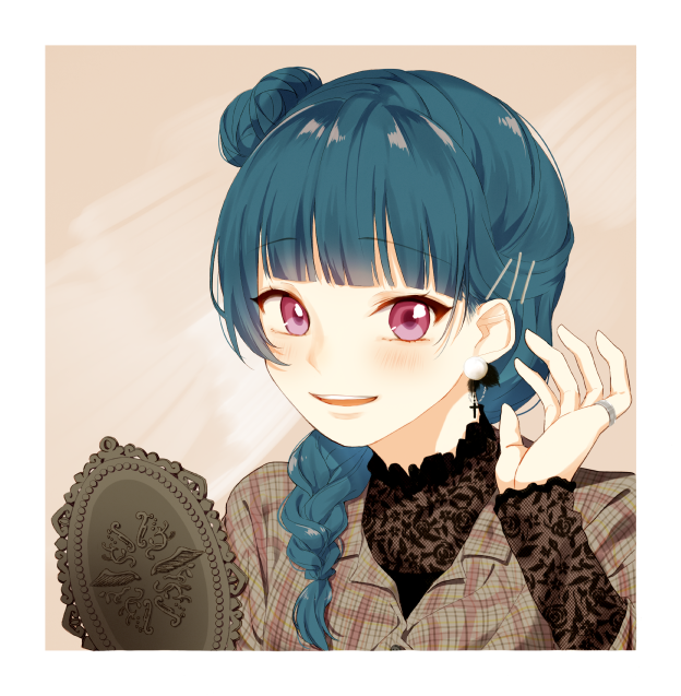 1girl alternate_hairstyle azuma_(no488888) bangs blue_hair blunt_bangs blush braid brown_background collared_shirt cross cross_earrings earrings grey_shirt hair_ornament hair_over_shoulder hairpin hand_mirror hand_up jewelry lace long_hair long_sleeves looking_at_viewer love_live! love_live!_sunshine!! mirror open_mouth pinky_ring plaid plaid_shirt portrait shirt side_bun single_braid smile solo tsushima_yoshiko violet_eyes