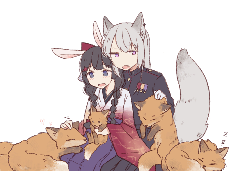 2girls animal_ears bangs black_hair blue_eyes braid fox grabbing higuchi_kaede japanese_clothes kimono long_hair lykoi9821 military military_uniform multiple_girls nijisanji open_mouth petting simple_background sleeping smile tail tsukino_mito uniform virtual_youtuber white_background white_hair yuri