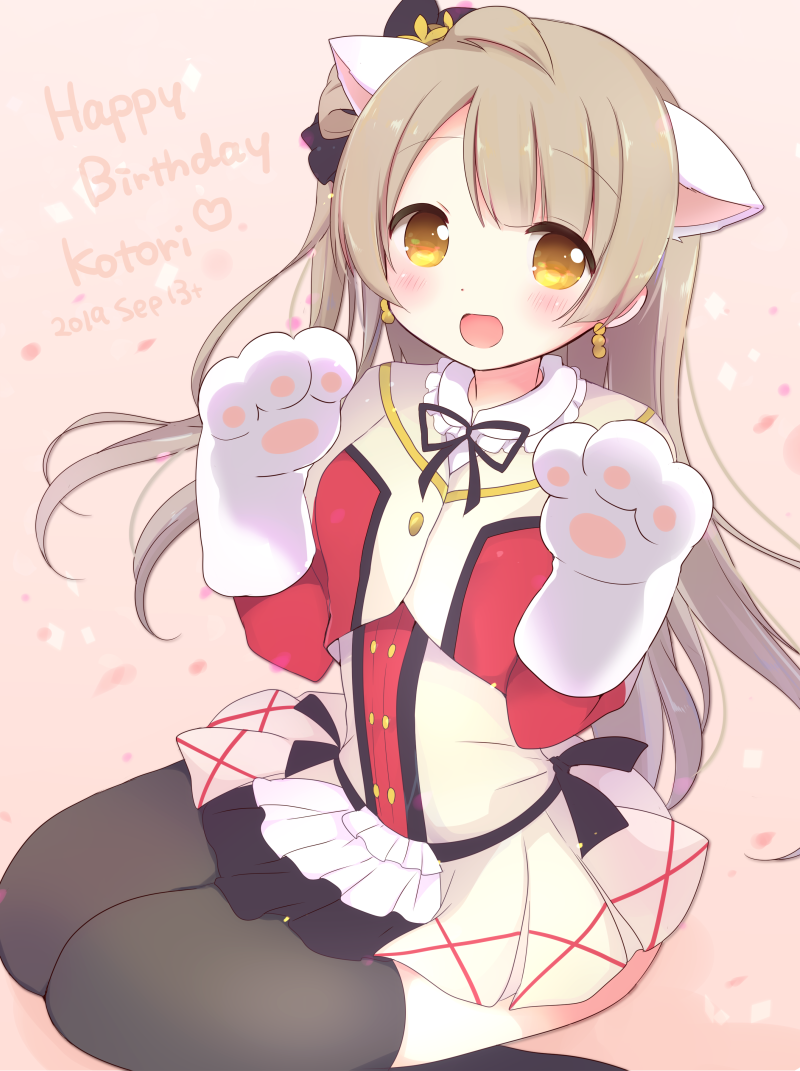 1girl :d animal_ears bangs black_legwear black_neckwear blush cat_ears character_name commentary_request cropped_jacket dated dress earrings frilled_shirt_collar frills gloves grey_hair hands_up happy_birthday jewelry long_hair long_sleeves looking_at_viewer love_live! love_live!_school_idol_project mikurun minami_kotori one_side_up open_mouth paw_gloves paws petals sitting smile solo sore_wa_bokutachi_no_kiseki thigh-highs yellow_eyes