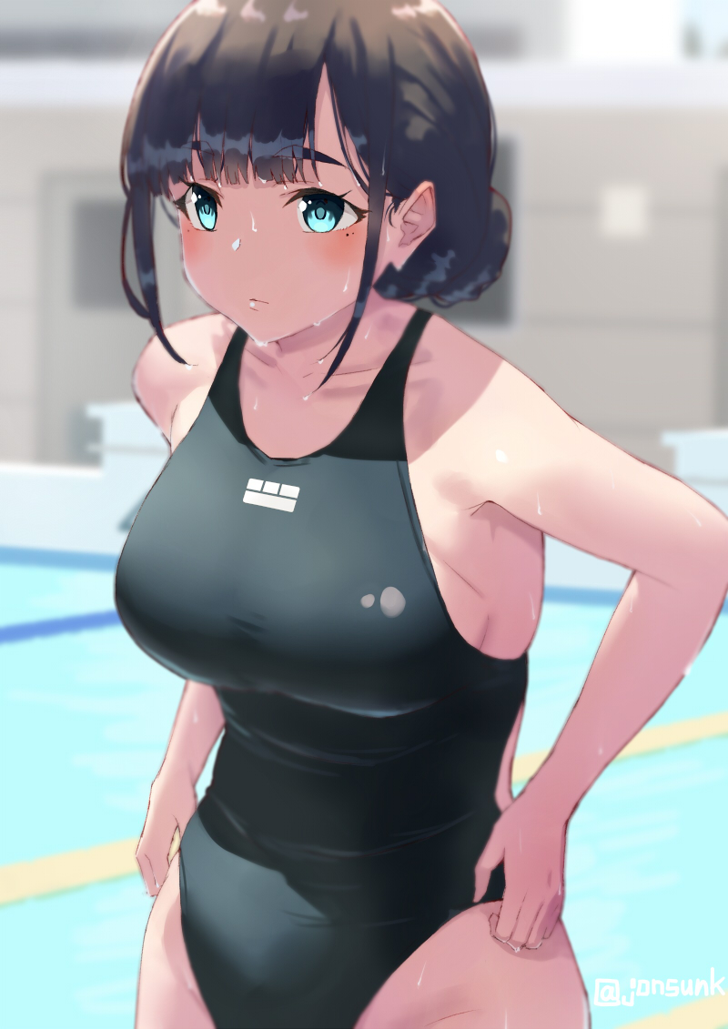 1girl adjusting_clothes adjusting_swimsuit artist_name bangs blunt_bangs blush breasts brown_hair collarbone commentary_request competition_swimsuit eyebrows_visible_through_hair green_eyes hair_bun jonsun large_breasts one-piece_swimsuit original pool sidelocks solo swimsuit wet