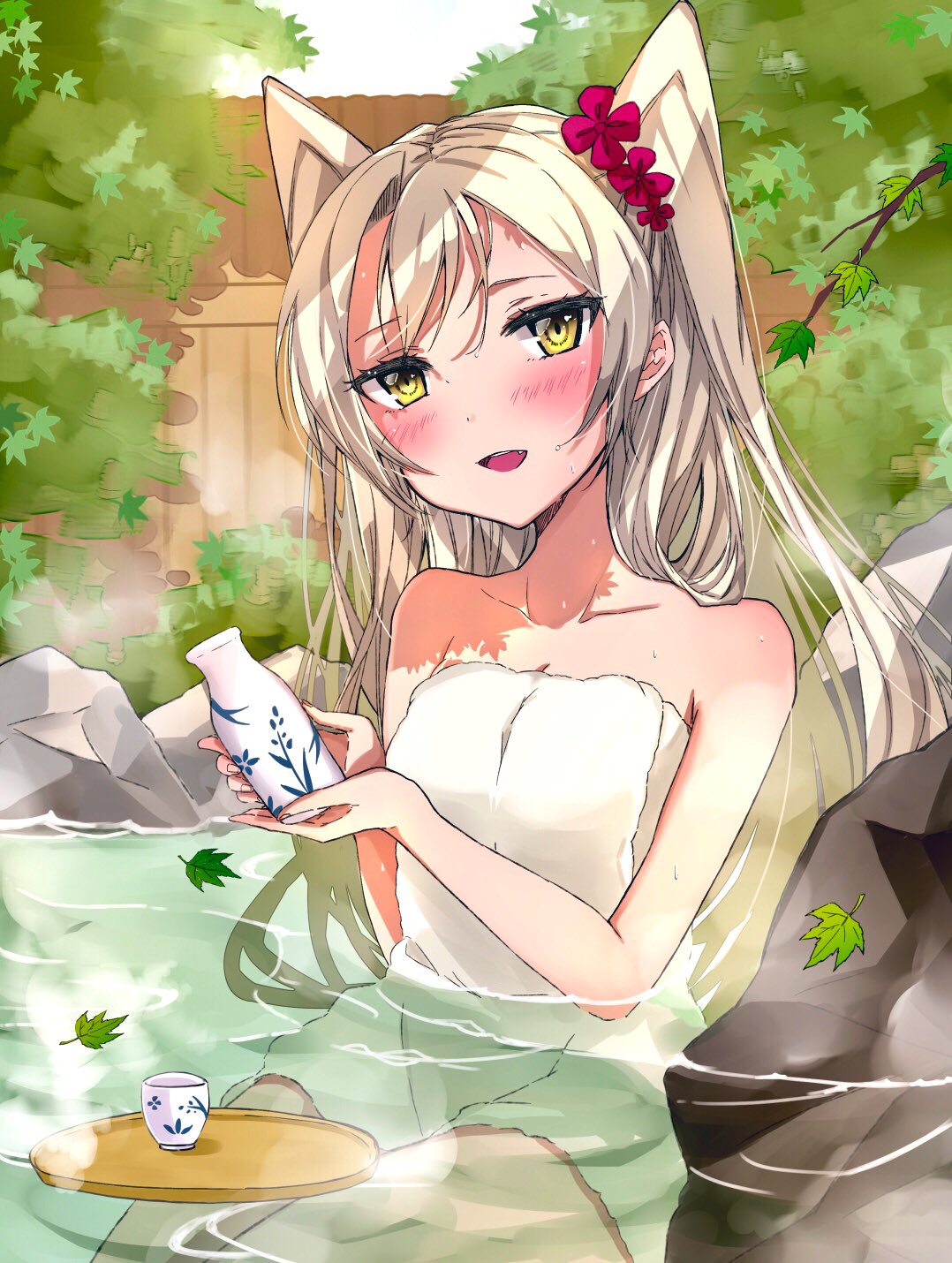 1girl amatsukaze_(kantai_collection) bathing bottle brown_eyes chigasaki_y choko_(cup) commentary_request cowboy_shot cup fence flower hair_flower hair_ornament highres kantai_collection leaf long_hair looking_at_viewer naked_towel onsen outdoors silver_hair smile solo tokkuri towel tray two_side_up water white_towel