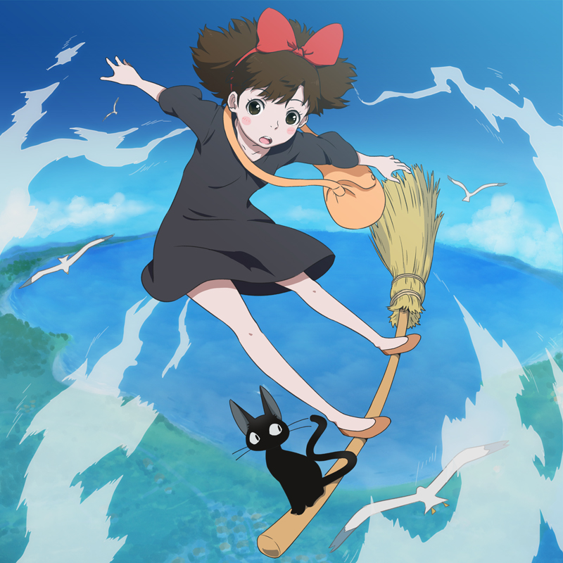 1girl animal bag bird black_cat black_dress blush bow broom broom_riding brown_eyes brown_hair cat clouds commentary_request dress flying hair_bow hairband jiji_(majo_no_takkyuubin) kiki majo_no_takkyuubin no_socks ocean open_mouth ribbon seagull short_hair sky studio_ghibli witch yazwo