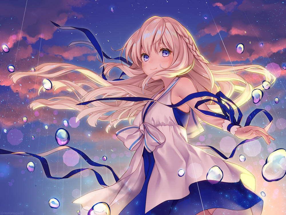 1girl bangs bare_shoulders blonde_hair blue_dress blue_eyes blue_ribbon blush bow braid closed_mouth clouds commentary_request dress eyebrows_visible_through_hair hair_between_eyes long_hair ne-on original outdoors rain ribbon sailor_collar sailor_dress sky sleeveless sleeveless_dress smile solo very_long_hair white_bow white_dress white_sailor_collar wrist_cuffs