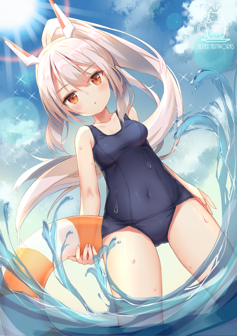 1girl :o aliter artist_logo ayanami_(azur_lane) azur_lane bangs bare_arms bare_shoulders blue_sky blue_swimsuit blush brown_eyes clouds cloudy_sky collarbone commentary_request covered_navel day dutch_angle eyebrows_visible_through_hair fingernails hair_between_eyes headgear high_ponytail highres holding holding_innertube innertube light_brown_hair long_hair looking_at_viewer old_school_swimsuit one-piece_swimsuit outdoors parted_lips ponytail school_swimsuit sidelocks sky solo standing summer sunlight swimsuit very_long_hair wading water wet