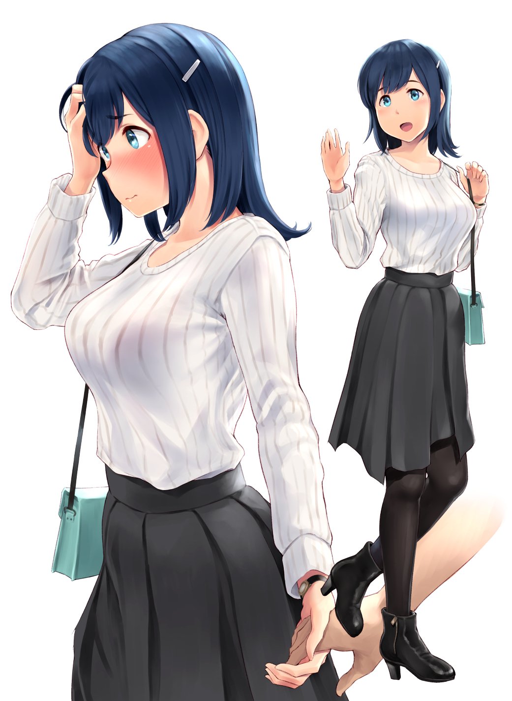 1girl ankle_boots aqua_eyes bag bangs black_footwear black_skirt blue_hair blush boots breasts collarbone hair_ornament hairclip hands_up high_heel_boots high_heels highres holding_hands kantai_collection long_sleeves medium_breasts multiple_views open_mouth out_of_frame pantyhose ribbed_sweater shiny shiny_hair shiny_skin short_hair simple_background skirt smile souryuu_(kantai_collection) standing sweater wa_(genryusui) watch watch white_background