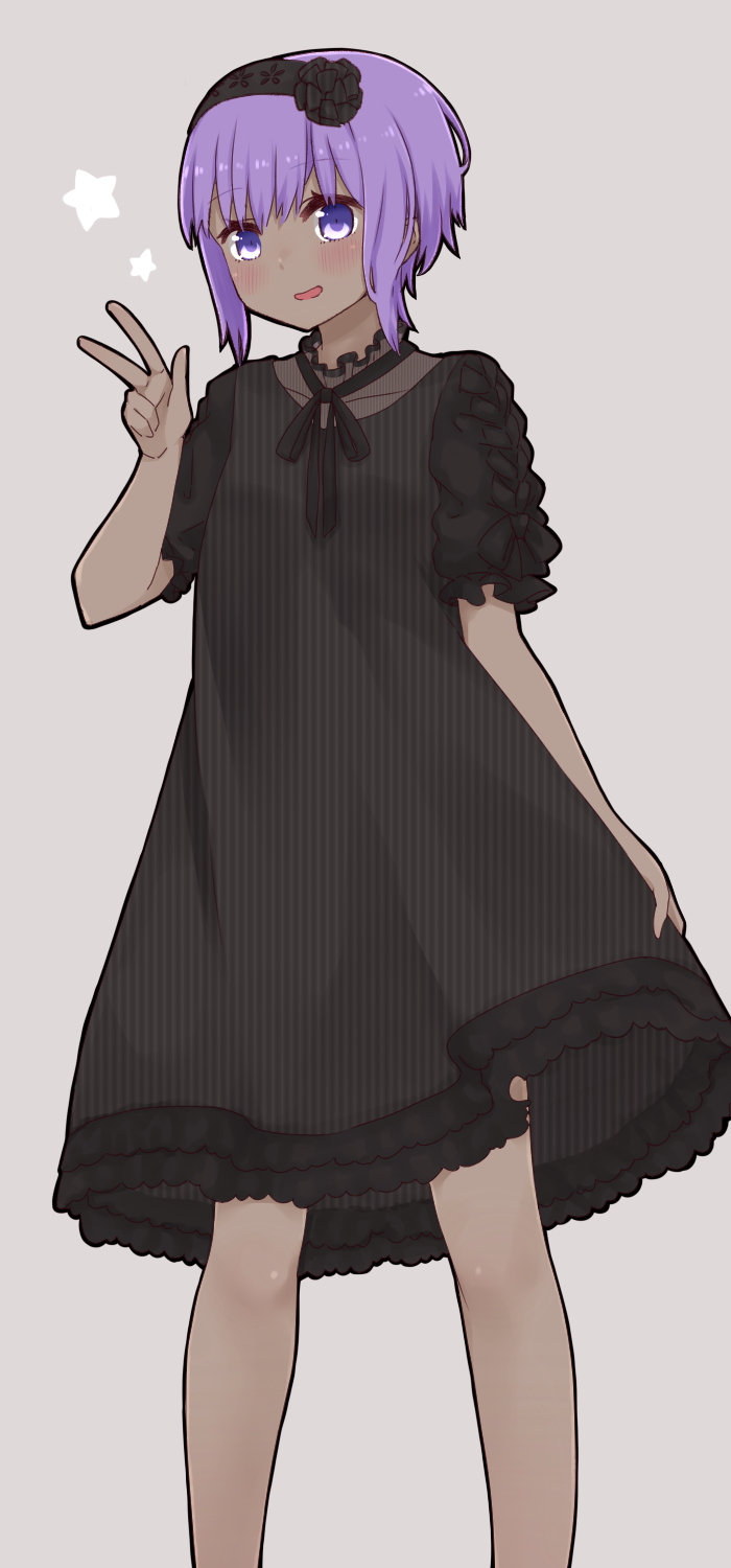 1girl black_dress black_flower black_hairband black_ribbon collarbone dark_skin dress fate/prototype fate/prototype:_fragments_of_blue_and_silver fate_(series) flower grey_background hair_flower hair_ornament hairband hand_up hassan_of_serenity_(fate) highres i.u.y neck_ribbon puffy_short_sleeves puffy_sleeves purple_hair ribbon see-through short_sleeves simple_background solo star violet_eyes w