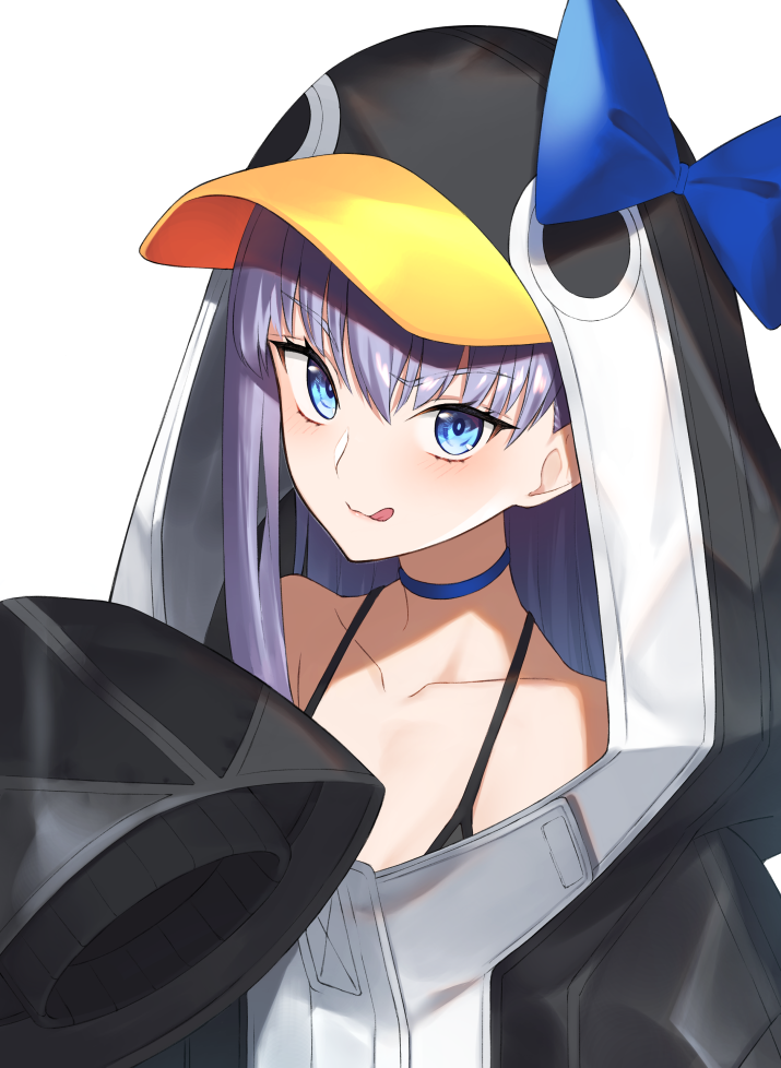 1girl animal_hood bangs bare_shoulders bikini black_bikini black_jacket blue_bow blue_eyes blush bow breasts choker closed_mouth collarbone fate/grand_order fate_(series) gen_(gen_7254) hood hood_up jacket licking_lips long_hair looking_at_viewer meltryllis meltryllis_(swimsuit_lancer)_(fate) penguin_hood purple_hair simple_background sleeves_past_fingers sleeves_past_wrists smile solo swimsuit tongue tongue_out white_background