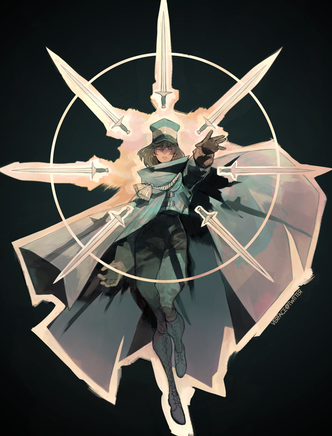 androgynous bad_anatomy blue_cape blue_headwear boots brown_gloves brown_hair cape cross-laced_footwear full_body gloves grey_eyes hand_up hat long_hair looking_at_viewer original outstretched_hand pants shadow simple_background solo standing sword twitter_username ver_(sticks_and_sharks) weapon