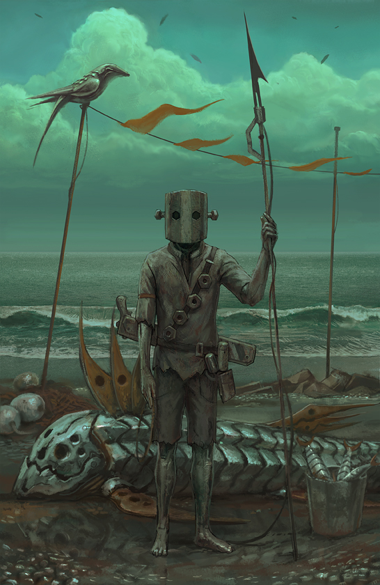 1boy barefoot beach belt bird bolt bucket clouds commentary fish ka92 mask nut_(hardware) original pennant polearm reflection robot sheath shirt shore shorts spear string_of_flags waves weapon