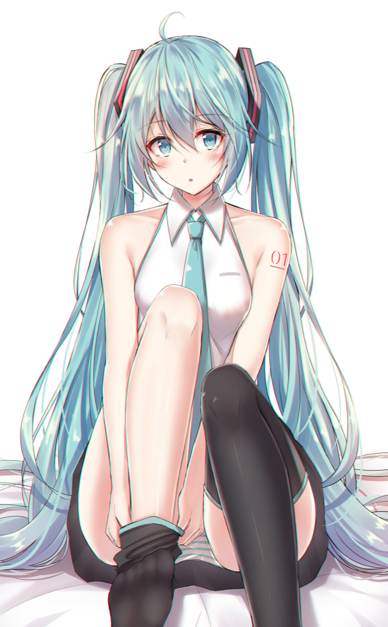 1girl :o ahoge akira_(been0328) asymmetrical_legwear bare_arms bare_shoulders bed_sheet black_legwear black_skirt blush breasts collared_shirt commentary green_eyes green_hair green_neckwear hair_ornament hatsune_miku highres knees_up necktie no_shoes panties parted_lips shirt sidelocks sitting skirt sleeveless sleeveless_shirt small_breasts soles solo striped striped_panties thigh-highs thighhighs_pull twintails underwear vocaloid white_background white_shirt