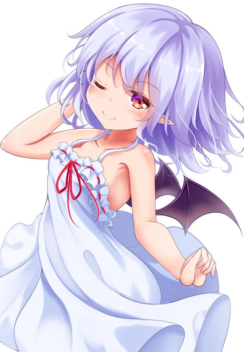 1girl ;) alternate_costume bangs bare_arms bare_shoulders bat_wings blue_hair blush commentary cowboy_shot dress eyebrows_visible_through_hair halterneck hand_in_hair hand_up looking_at_viewer no_hat no_headwear one_eye_closed pointy_ears red_eyes red_ribbon remilia_scarlet ribbon short_hair simple_background smile solo touhou unory white_background white_dress wings