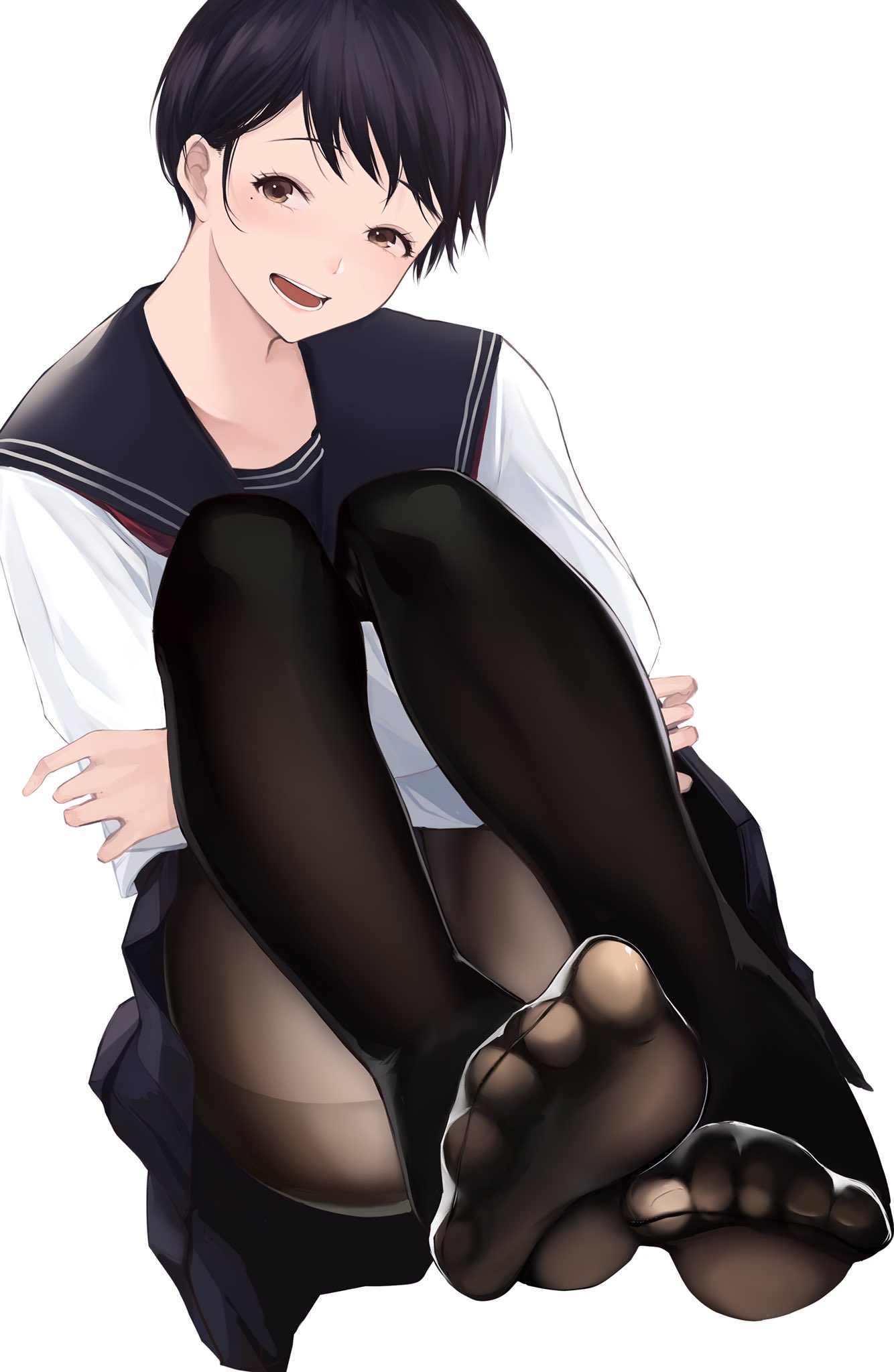 1girl akito_(d30n26) black_legwear blue_hair dress feet highres no_shoes original school_uniform short_hair skirt smile toes very_short_hair