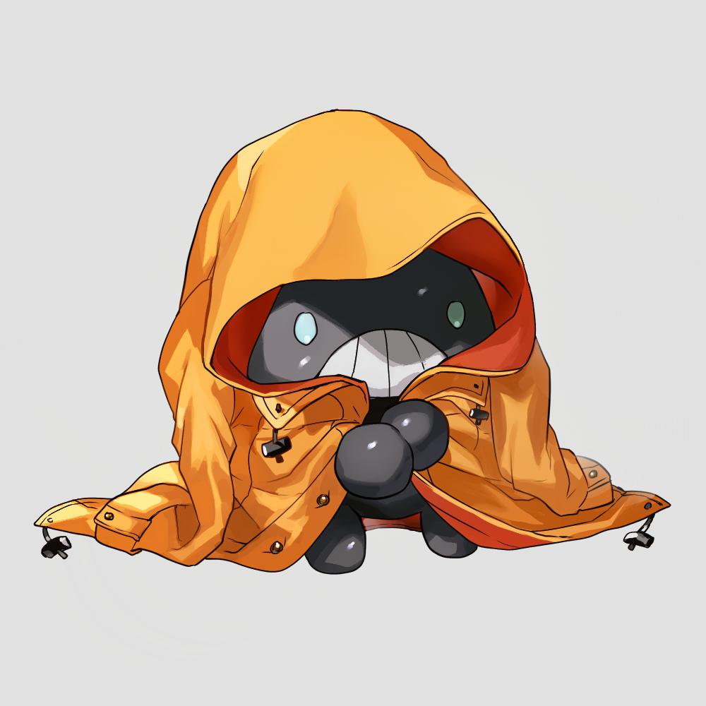 blank_eyes blue_eyes clothed_pokemon commentary_request drawstring full_body gen_3_pokemon grey_background jacket jpeg_artifacts long_sleeves newo_(shinra-p) no_humans orange_hoodie orange_jacket pokemon pokemon_(creature) shiny shiny_skin simple_background snorunt solo standing teeth