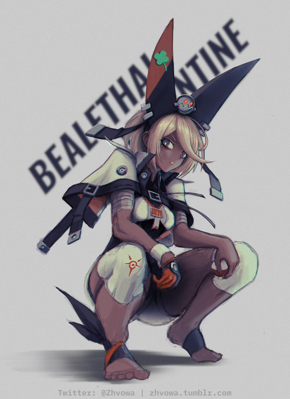 1girl ankle_ribbon bandaged_arm bandages blonde_hair bodysuit_under_clothes breasts capelet clover four-leaf_clover full_body fusion grey_eyes guilty_gear guilty_gear_xrd gym_leader hat highres holding holding_poke_ball knee_pads looking_at_viewer poke_ball poke_ball_(generic) pokemon pokemon_(game) pokemon_swsh ramlethal_valentine ribbon ringed_eyes saitou_(pokemon) short_hair small_breasts solo squatting toes two-tone_gloves zhvo