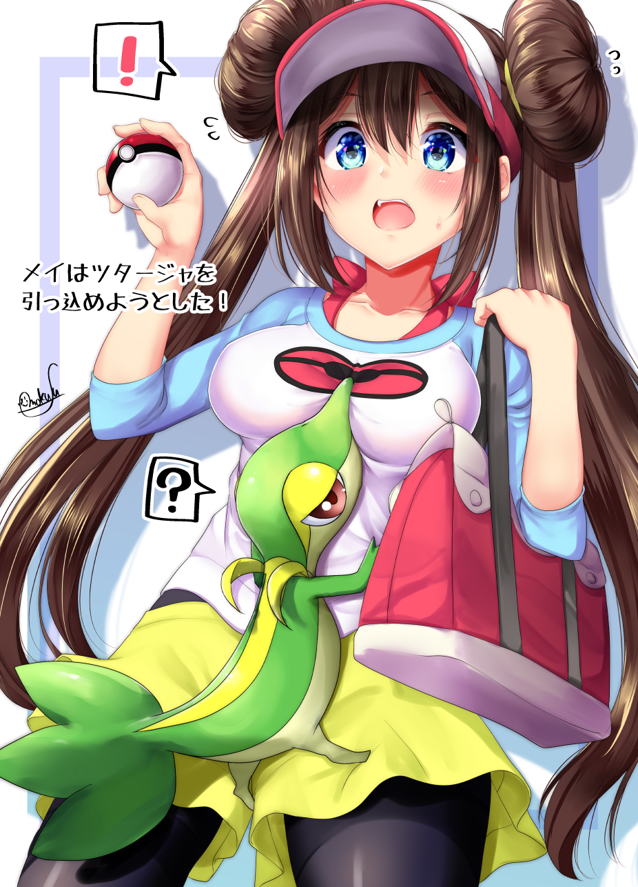 black_legwear blue_eyes blush breasts brown_hair double_bun hair_bun highres large_breasts legwear_under_shorts low_twintails mei_(pokemon) mokufuu pantyhose pokemon pokemon_(game) pokemon_bw2 shirt short_shorts shorts solo twintails visor_cap yellow_shorts