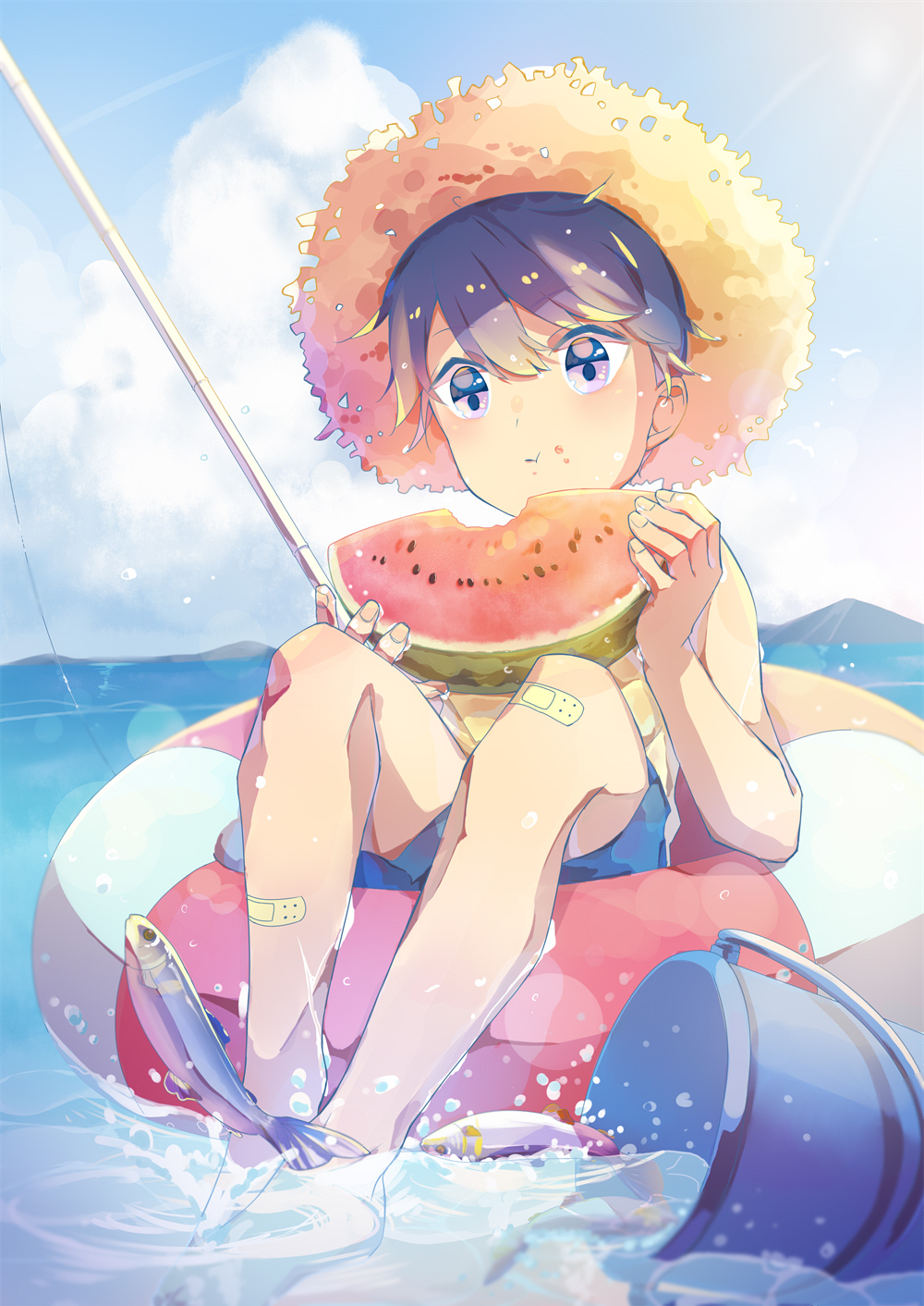 1boy barefoot blue_eyes blue_hair bucket eating fish fishing_rod food food_on_face fruit full_body hair_between_eyes hat highres innertube lens_flare looking_at_viewer male_focus nagii2 ocean original sky straw_hat summer sun sun_hat watermelon