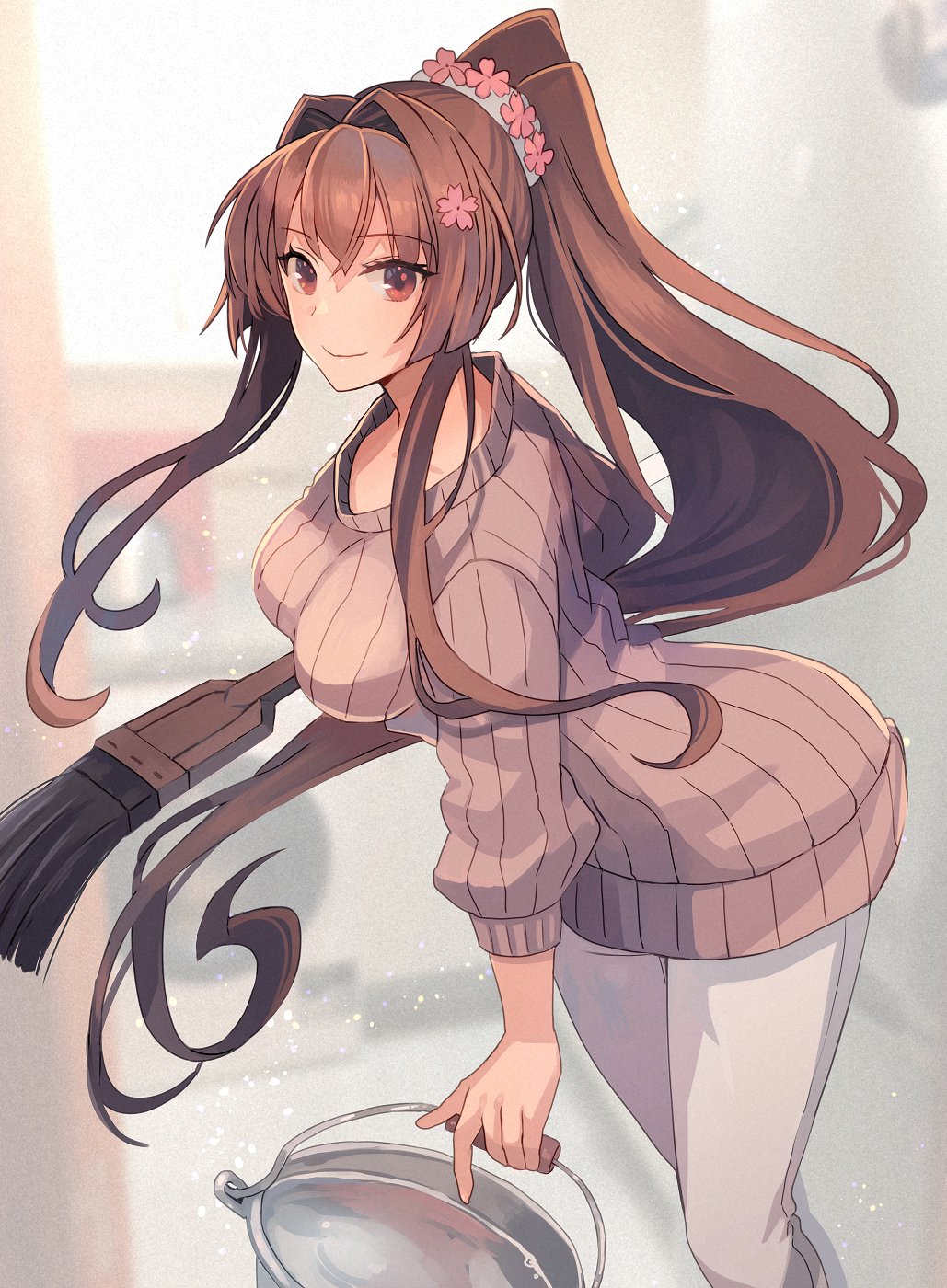 1girl breasts brown_eyes brown_hair brown_sweater bucket cleaning_brush commentary_request eyebrows_visible_through_hair flower hair_between_eyes hair_flower hair_ornament highres holding indoors kantai_collection kasumi_(skchkko) large_breasts long_hair looking_at_viewer official_alternate_costume pants pink_flower ponytail ribbed_sweater scrunchie smile solo sweater very_long_hair white_pants yamato_(kancolle)